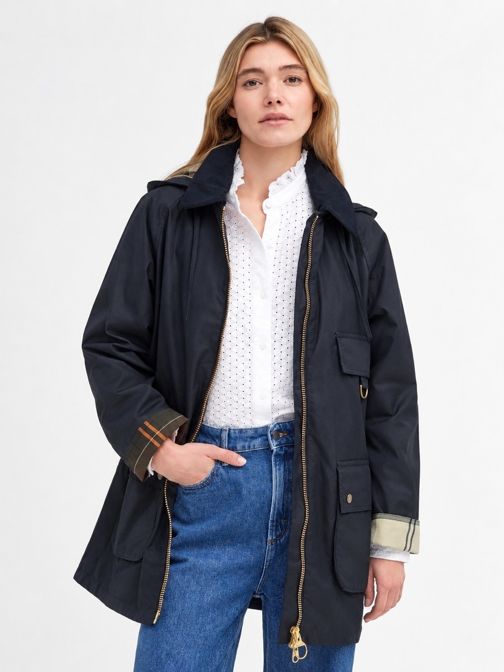 Barbour Highclere Hooded Waxed Cotton Jacket Coat Plaid Lining